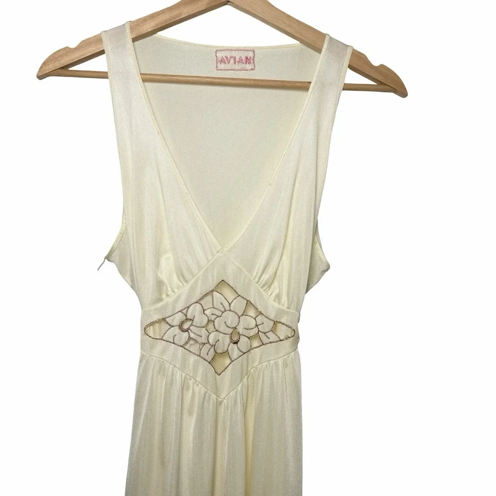 VTG 70s Avian Nightgown Maxi Dress Womens L Beige Embroidered Cutout Nylon